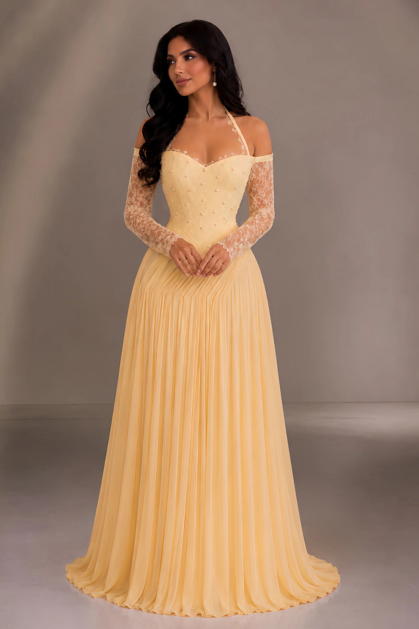 Off Shoulder Lace Sleeve Pleated A-Line Evening Gown