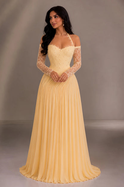 Off Shoulder Lace Sleeve Pleated A-Line Evening Gown