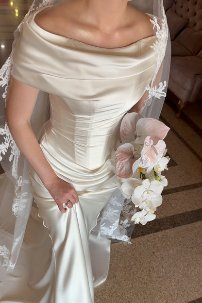 Off-the-Shoulder Ruched Corset Satin Wedding Dress