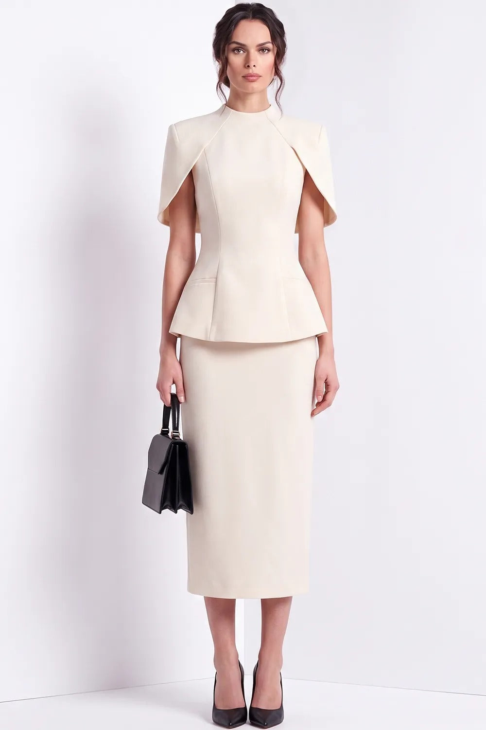 Cape Sleeve Peplum Midi Dress