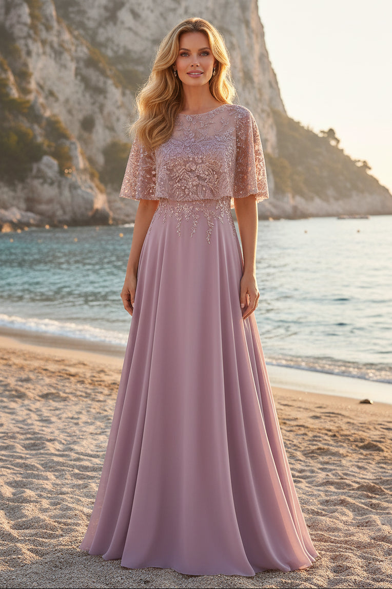 Beaded Illusion Cape Gown with Flowing A-Line Skirt