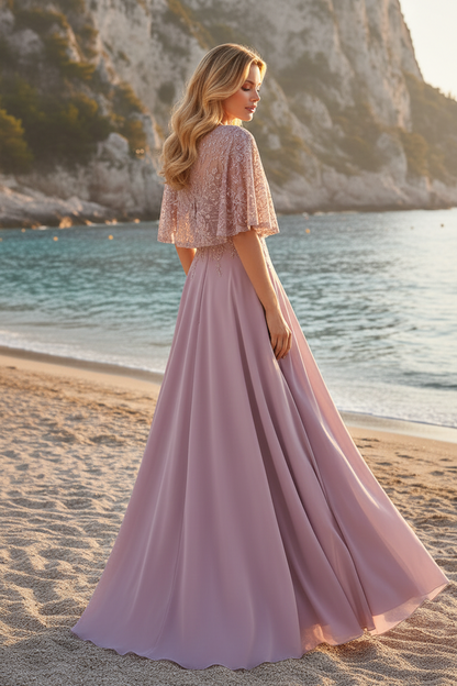 Beaded Illusion Cape Gown with Flowing A-Line Skirt