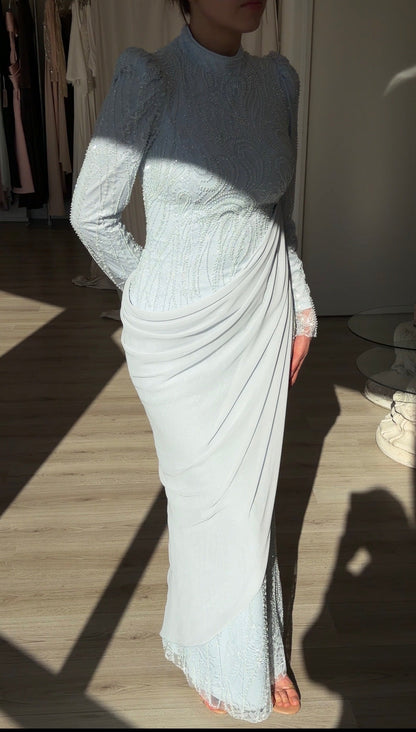 Embellished Long Sleeve Gown with Draped Overlay