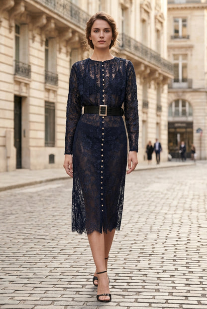 Long Sleeve Button-Front Lace Midi Dress