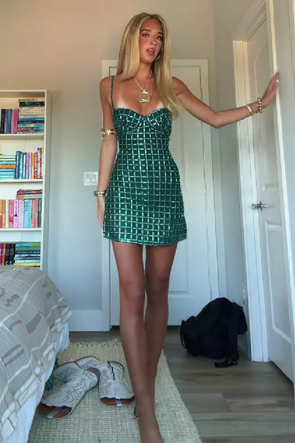 Grid Beaded Bustier Mini Dress