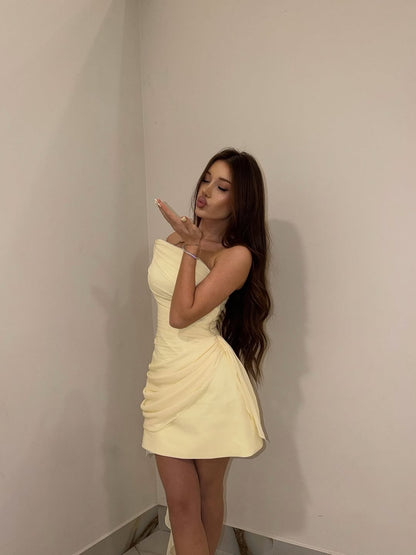 Ruched One-Shoulder Mini Dress with Side Drape
