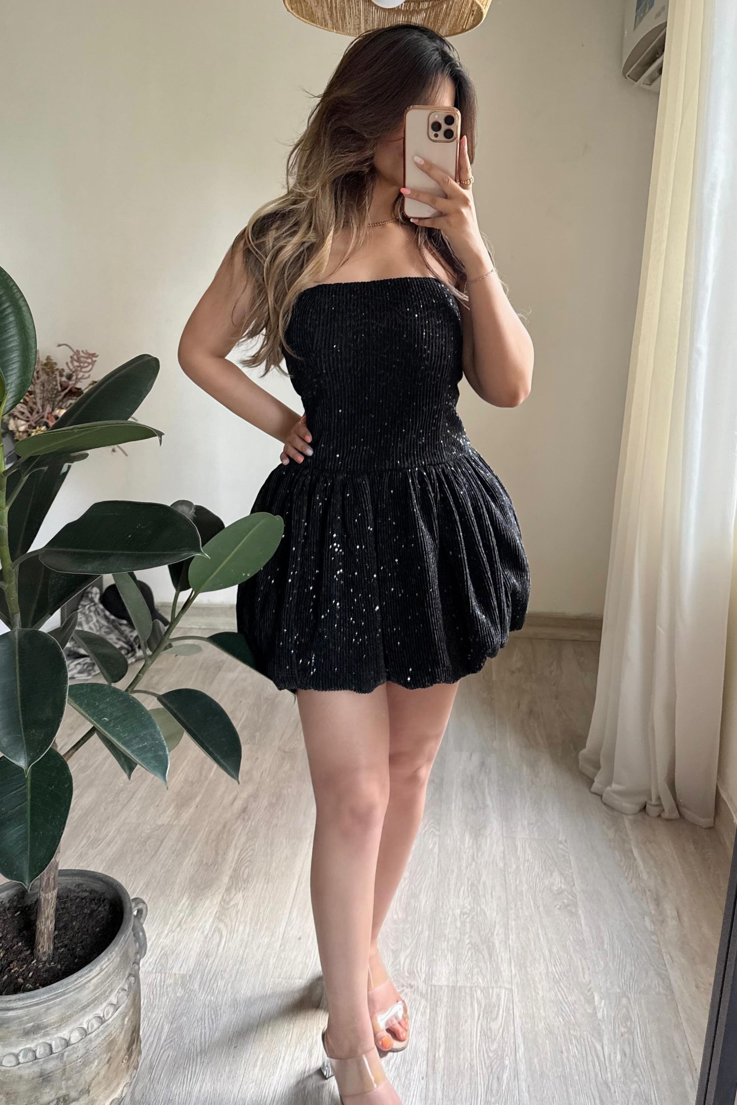 Strapless Sequin Bubble Skirt Mini Dress