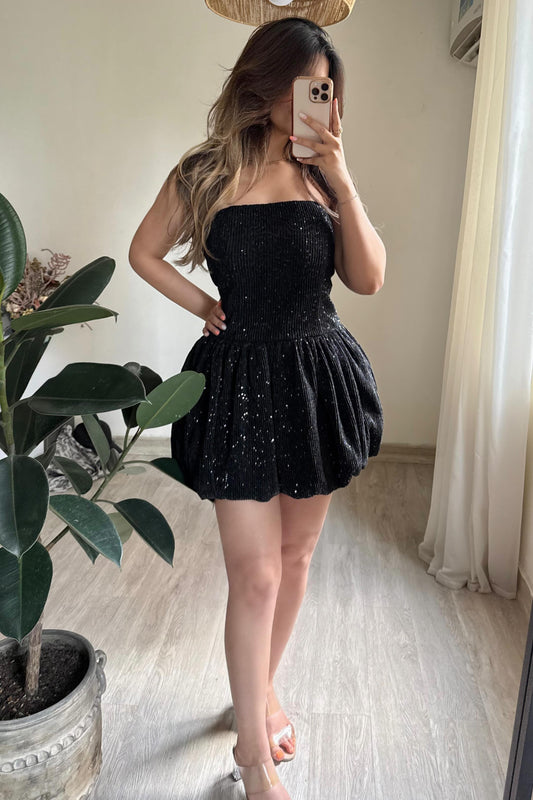 Strapless Sequin Bubble Skirt Mini Dress
