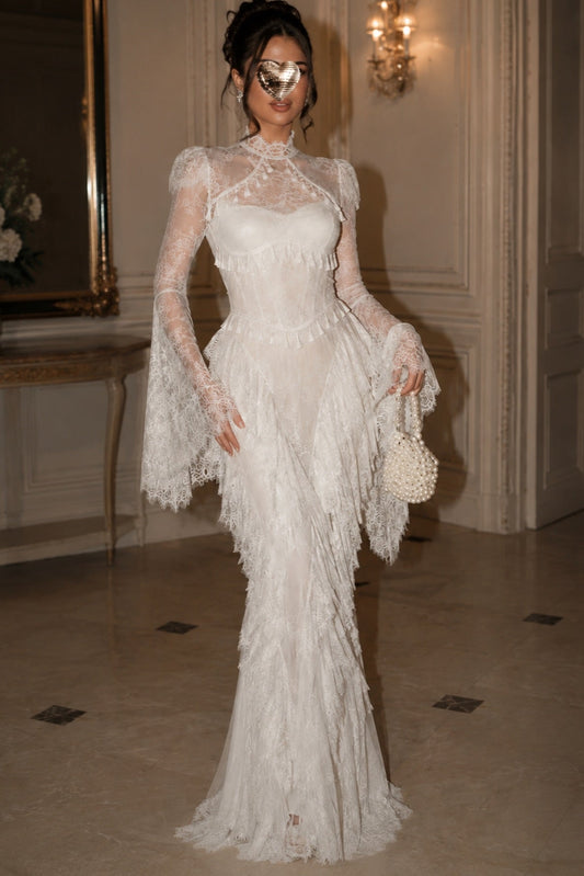 High-Neck Corset Lace Maxi Dress with Bell Sleeves