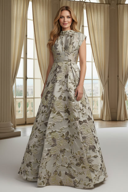 Floral Jacquard High Neck Ball Gown with Cap Sleeves