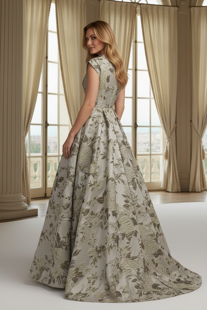 Floral Jacquard High Neck Ball Gown with Cap Sleeves