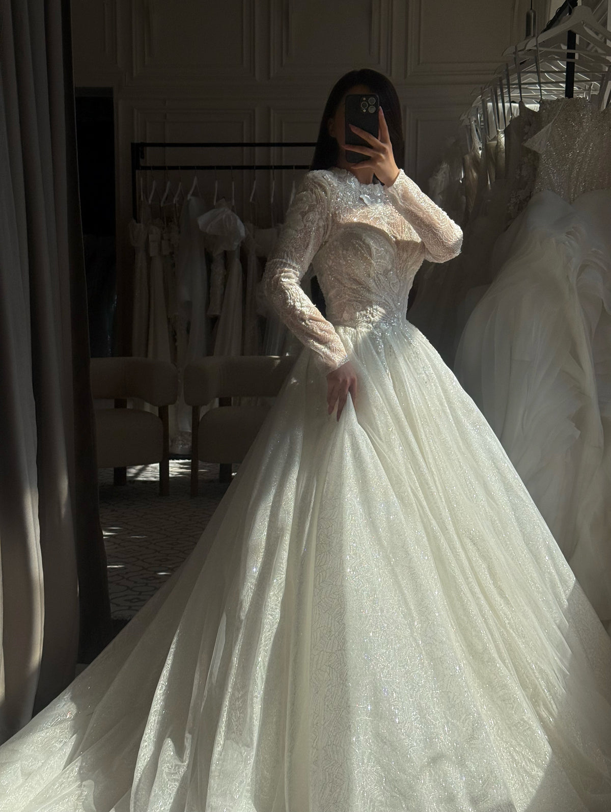 Long Sleeve High Neck Glitter Ball Gown Wedding Dress