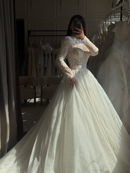 Long Sleeve High Neck Glitter Ball Gown Wedding Dress