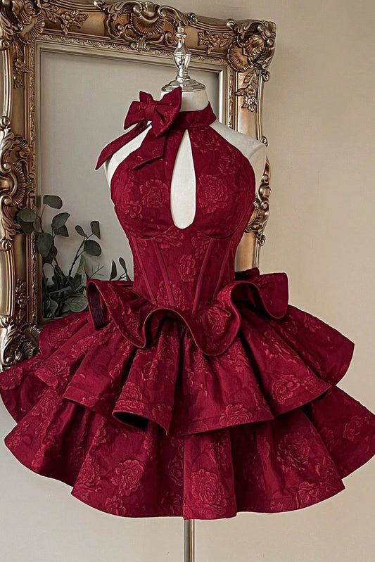 Halter Corset Jacquard Mini Dress with Ruffled Skirt
