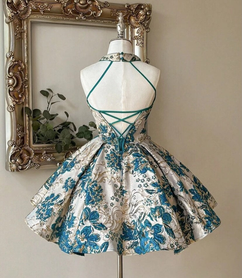 Halter Neck Floral Jacquard Pleated Mini Dress