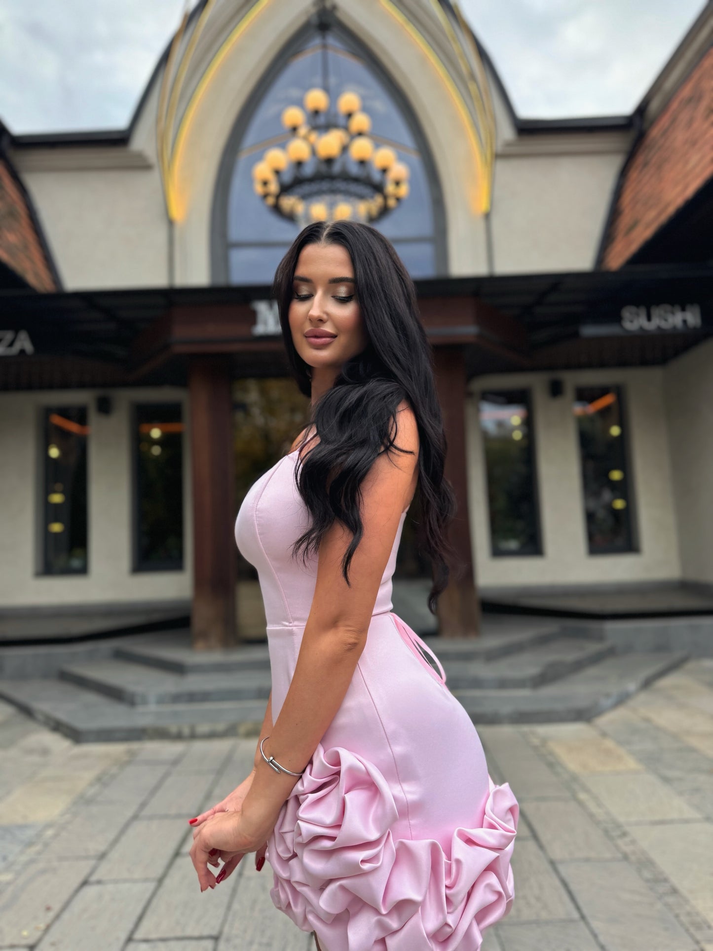 Satin Corset Mini Dress with 3D Flower Ruffles