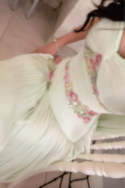 Floral Embroidered Cutout Gown with Pleated Skirt