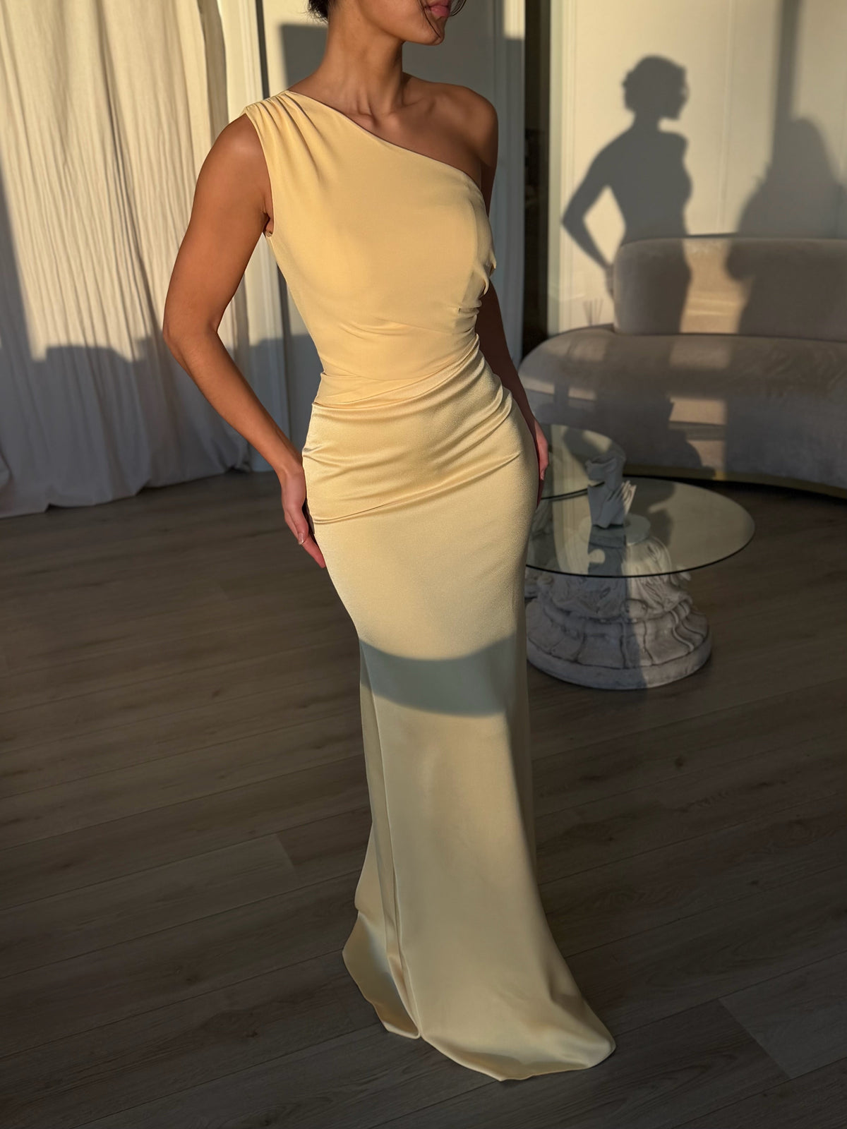 One-Shoulder Ruched Floor-Length Evening Dress