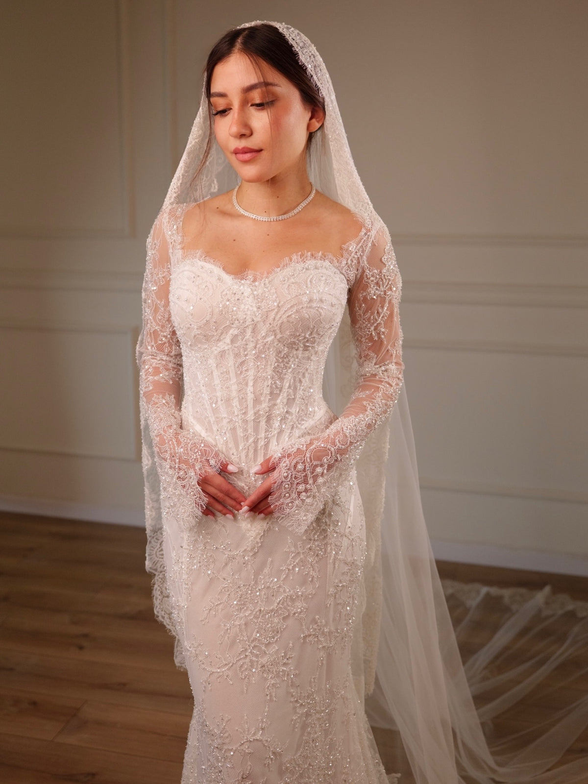Corset Lace Mermaid Wedding Dress with Long Sleeves
