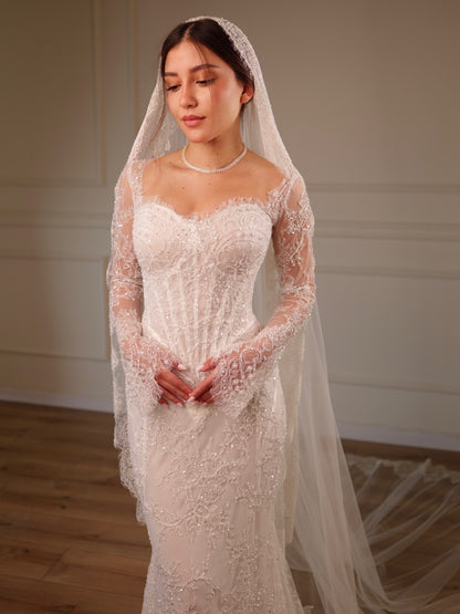 Corset Lace Mermaid Wedding Dress with Long Sleeves