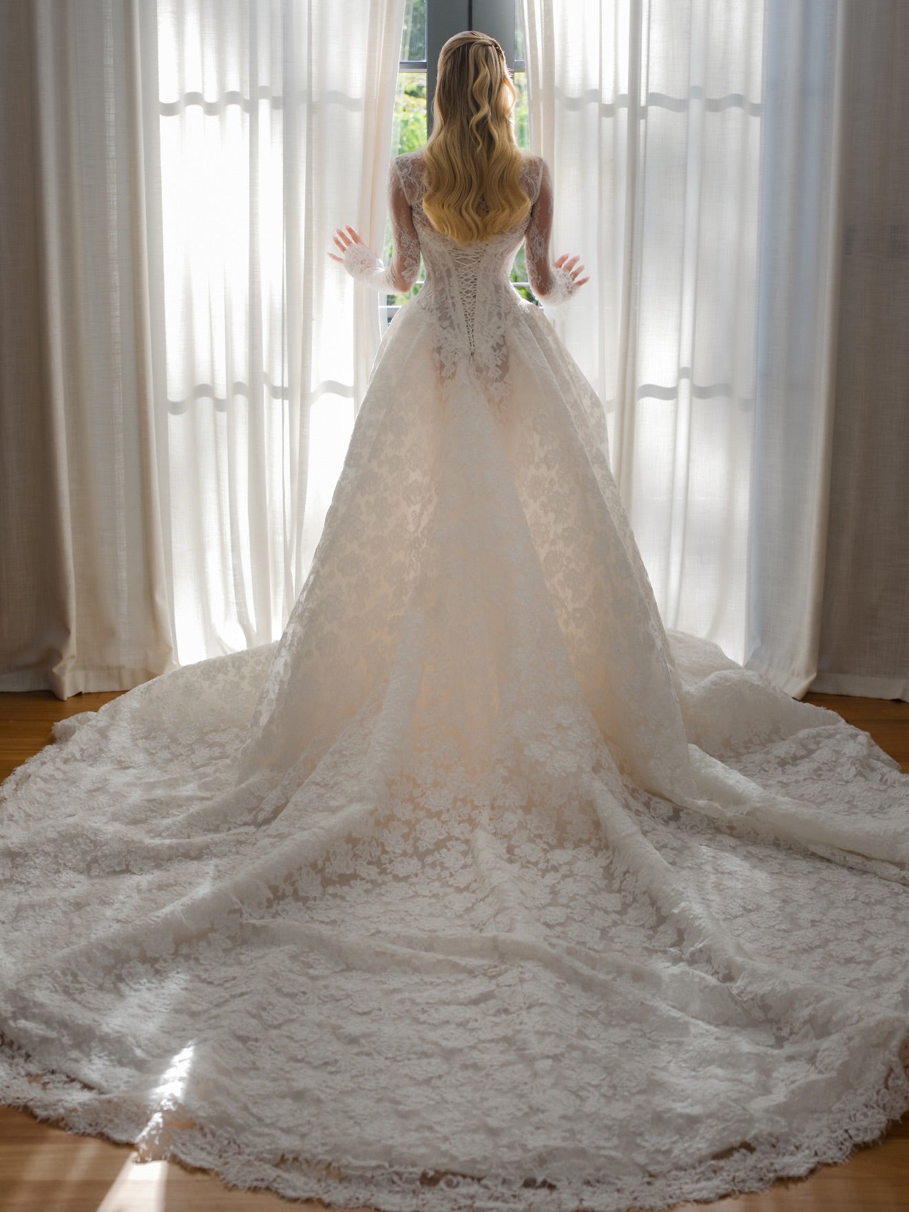 Lace Long Sleeve Corset Ball Gown Wedding Dress