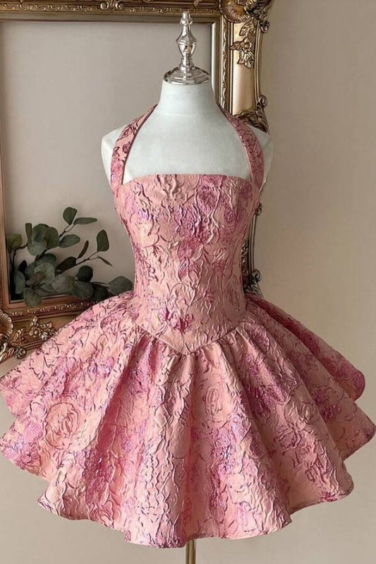 Halter Jacquard Corset Mini Dress