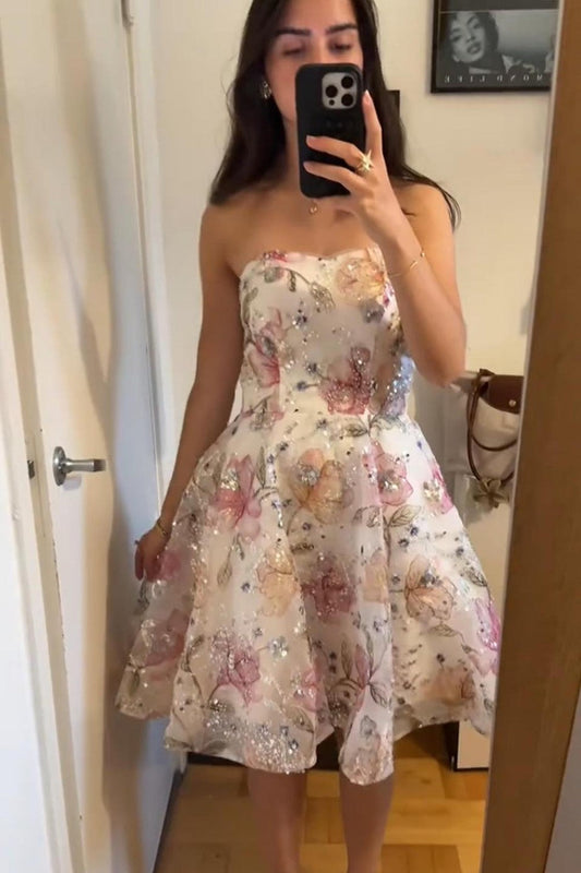 Strapless Floral Sequin Fit and Flare Party Dress