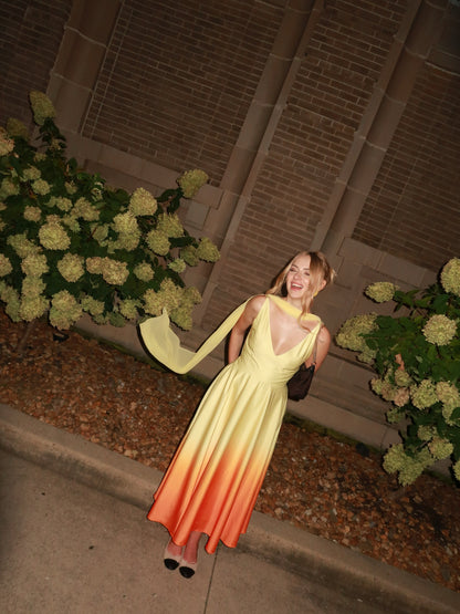 Ombre V-Neck Midi Dress with Matching Scarf