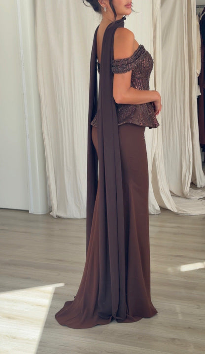 Sequined Peplum Evening Gown with Chiffon Cape