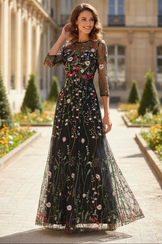 Black Floral Embroidered Mesh Overlay A-Line Maxi Gown | Mother of the Bride Dress