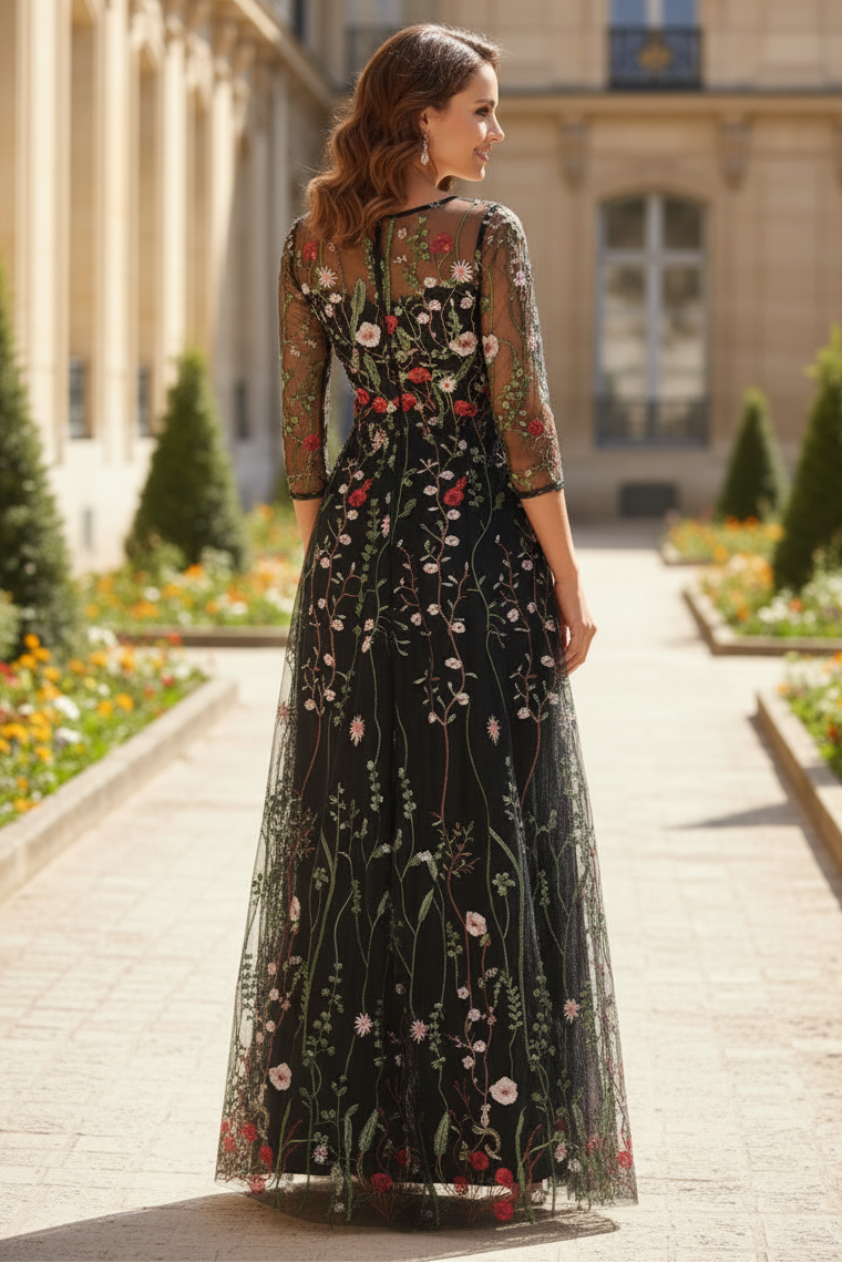 Black Floral Embroidered Mesh Overlay A-Line Maxi Gown | Mother of the Bride Dress
