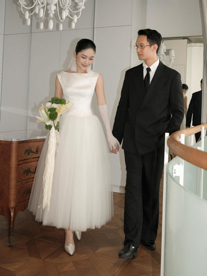 Bateau Neck Satin and Tulle Ball Gown Wedding Dress