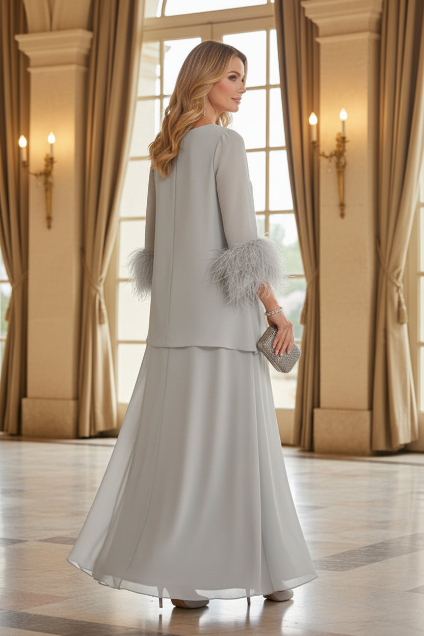 Feather-Cuff Long Sleeve Gown with Flowing Chiffon Skirt