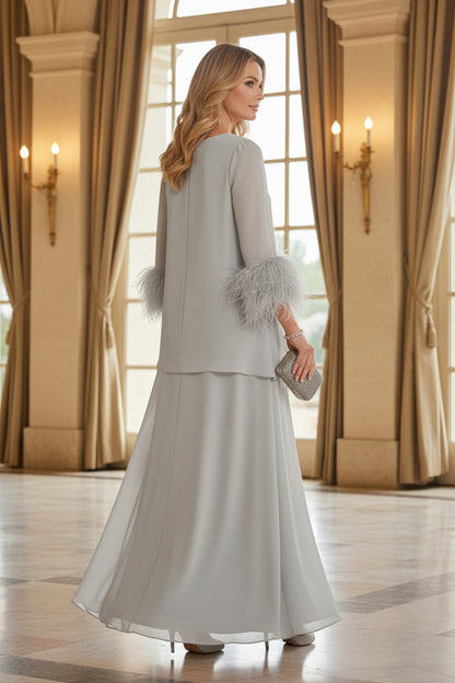 Feather-Cuff Long Sleeve Gown with Flowing Chiffon Skirt