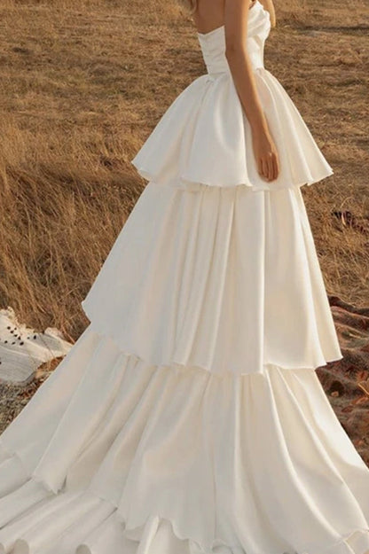 Strapless Tiered Satin Ball Gown Wedding Dress