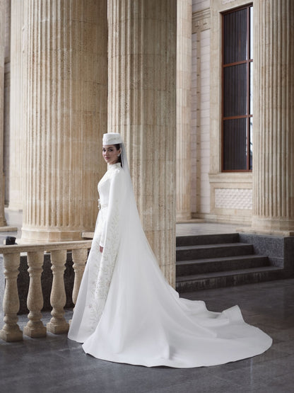 High-Neck Embroidered Bridal Gown with Cape Sleeves