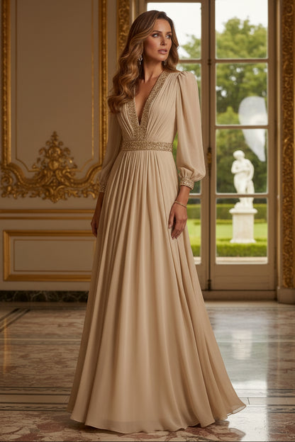 Deep V-Neck Pleated Evening Gown with Beaded Trim