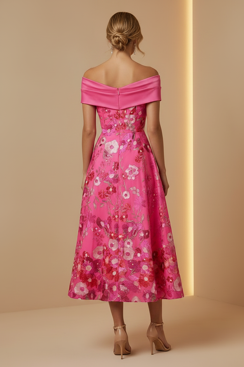 Off-the-Shoulder Floral Embroidered Midi Dress