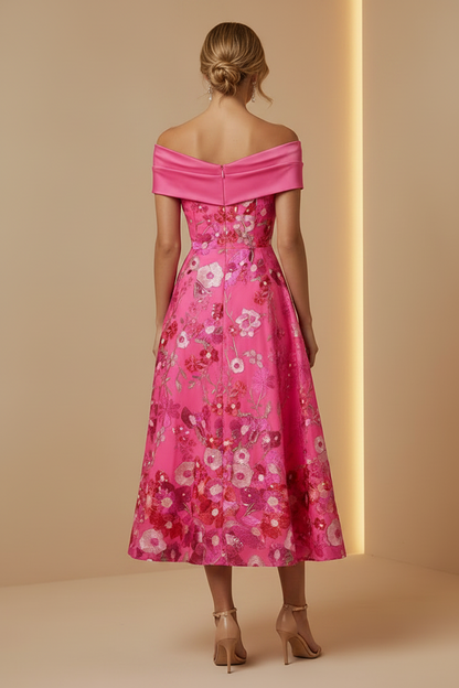Off-the-Shoulder Floral Embroidered Midi Dress