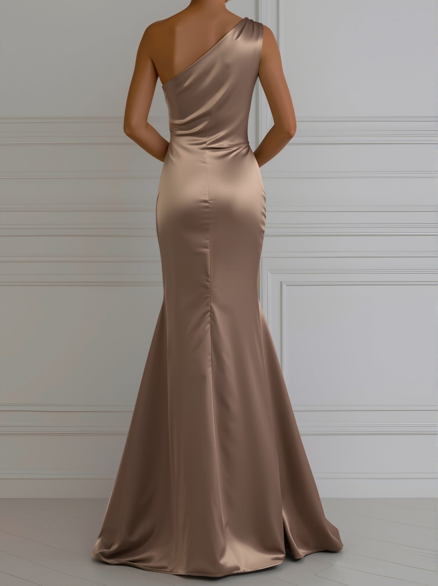 One Shoulder Ruched Mermaid Satin Maxi Gown