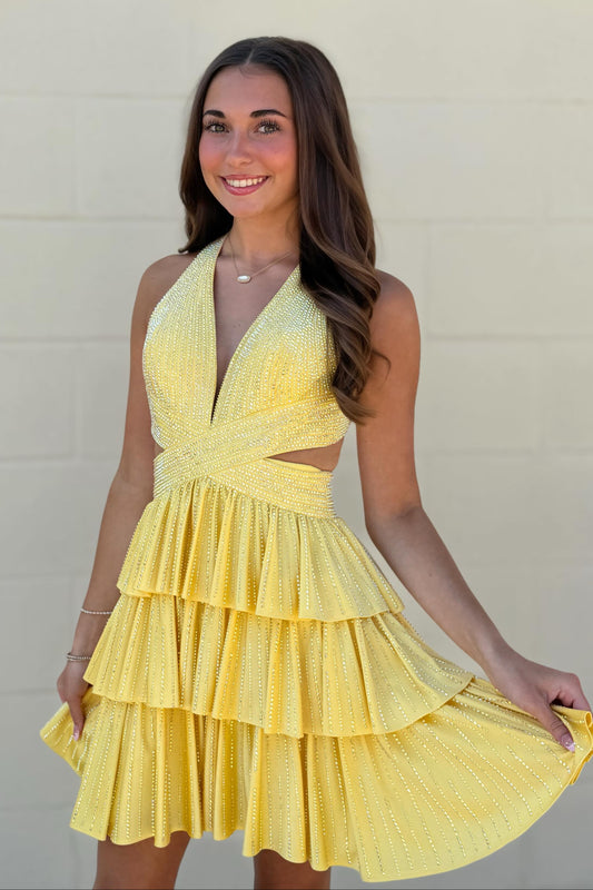 Halter Cutout Tiered Ruffle Mini Dress