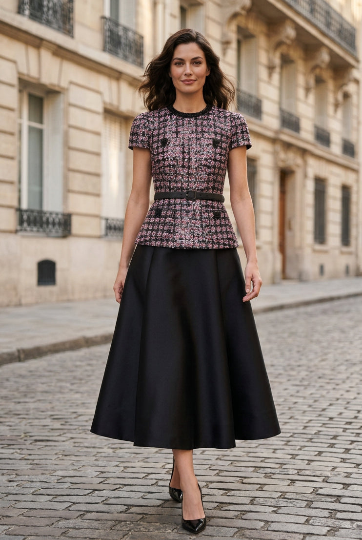 Tweed Peplum Top and Midi A-Line Skirt Set