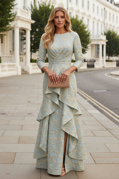 Metallic Jacquard A-Line Gown with Ruffled High-Slit Skirt