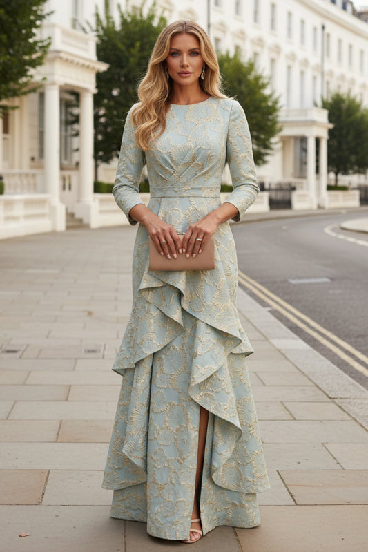 Metallic Jacquard A-Line Gown with Ruffled High-Slit Skirt