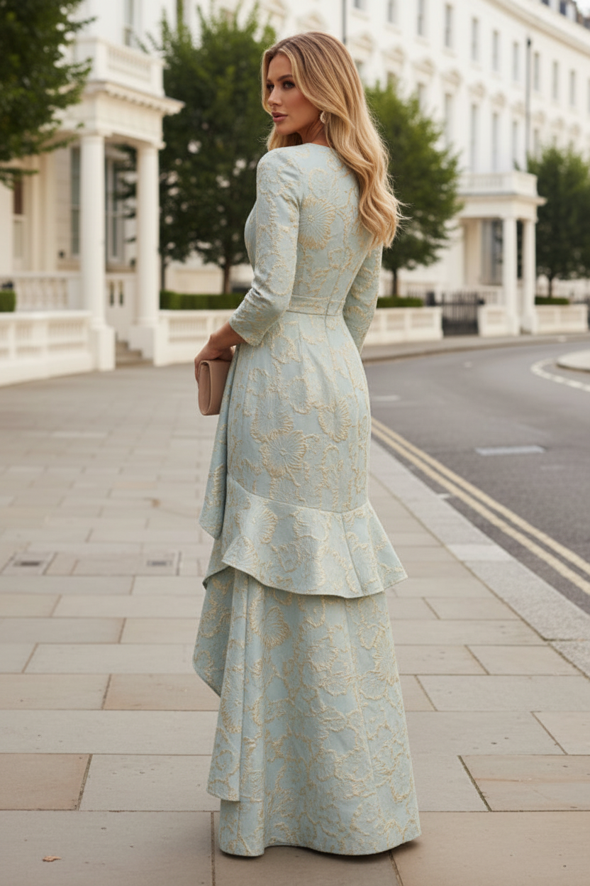 Metallic Jacquard A-Line Gown with Ruffled High-Slit Skirt
