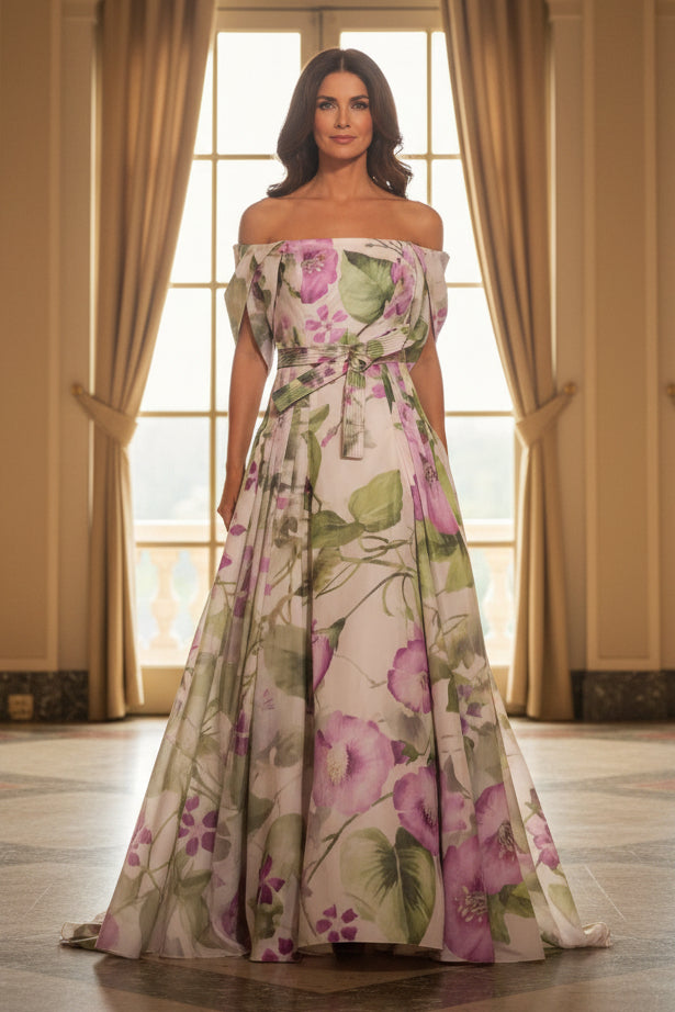 Off-the-Shoulder Floral A-Line Gown with Sash