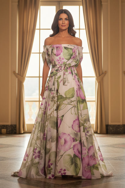 Off-the-Shoulder Floral A-Line Gown with Sash