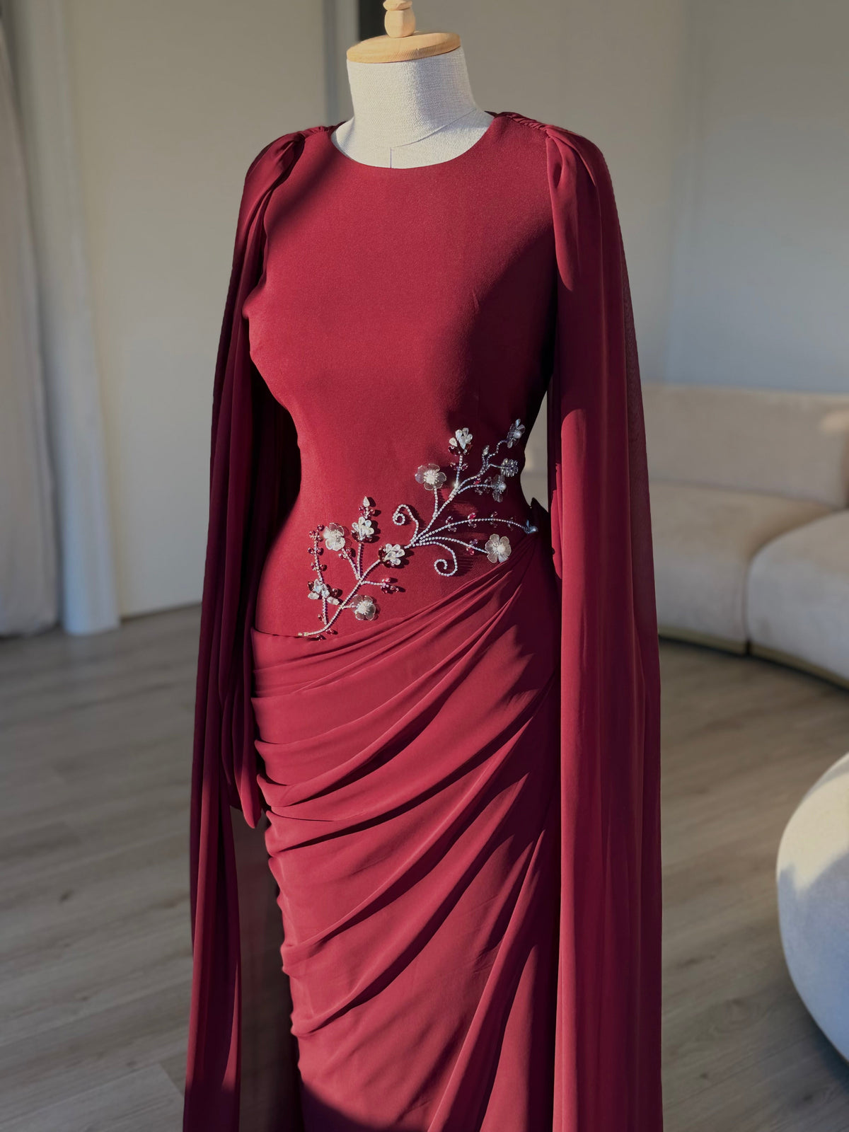 Draped Cape Sleeve Gown with Beaded Waist Detail