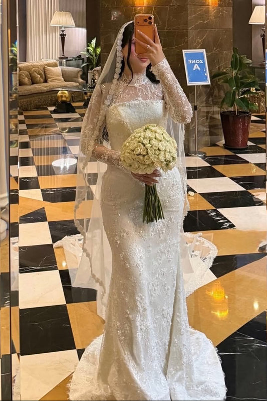 High Neck Lace Mermaid Wedding Dress with Long Sleeves