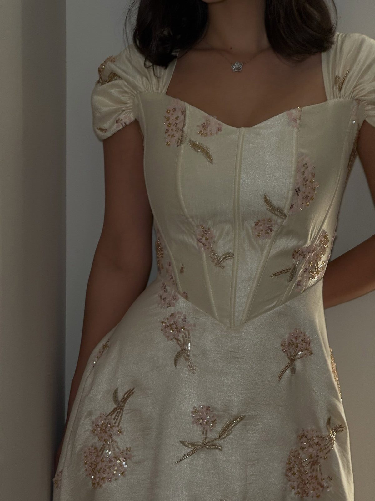 Embroidered Corset Gown with Cap Sleeves